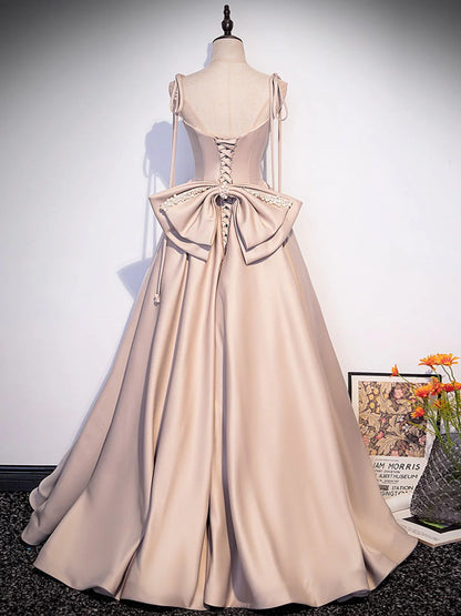 Champagne A-Line Satin Long Prom Dresses Champagne Formal Evening Dress