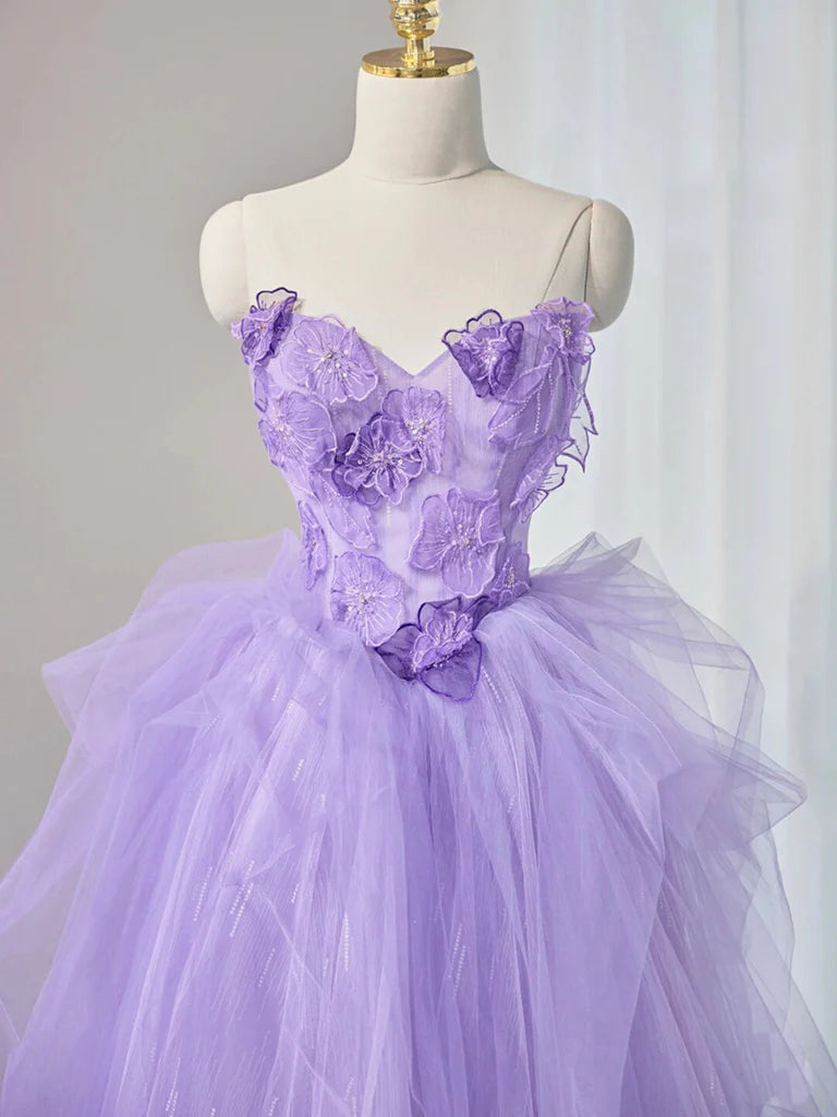 A-Line Sweetheart Neck Tulle Lace Applique Purple Long Evening Dress Purple Formal Dress