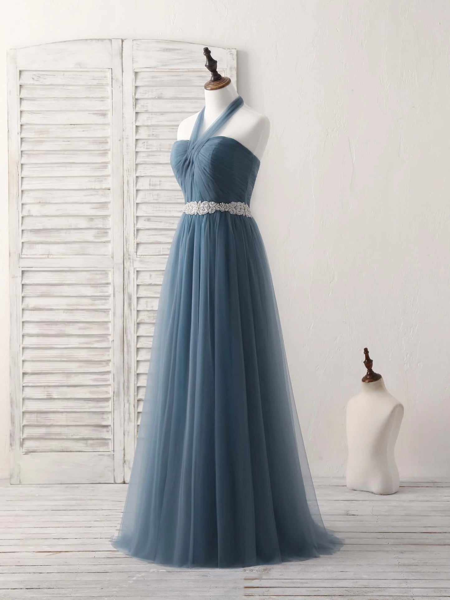 Gray Blue Tulle Long Bridesmaid Dress Gray Blue Prom Dress