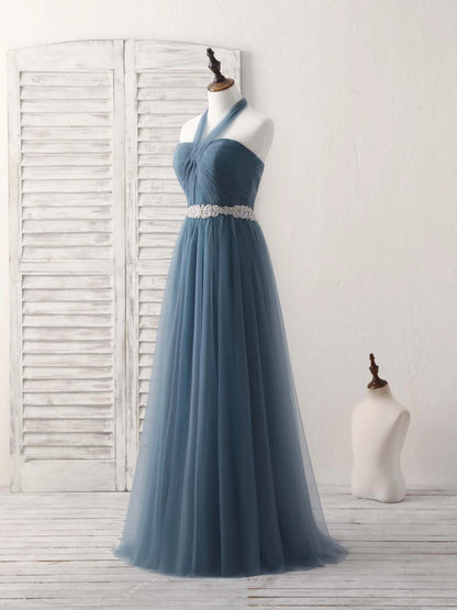 Gray Blue Tulle Long Bridesmaid Dress Gray Blue Prom Dress