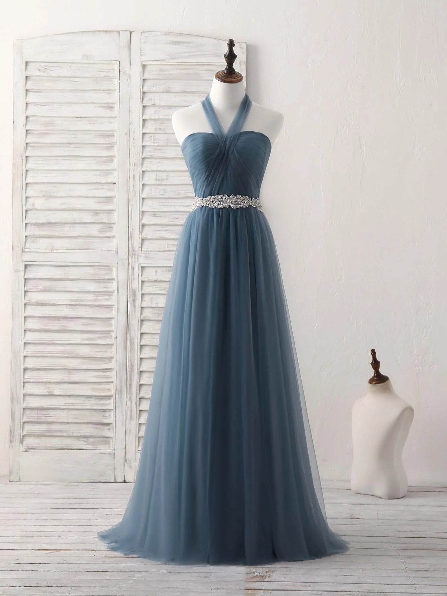 Gray Blue Tulle Long Bridesmaid Dress Gray Blue Prom Dress