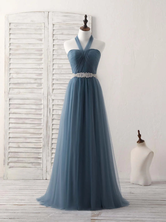 Gray Blue Tulle Long Bridesmaid Dress Gray Blue Prom Dress
