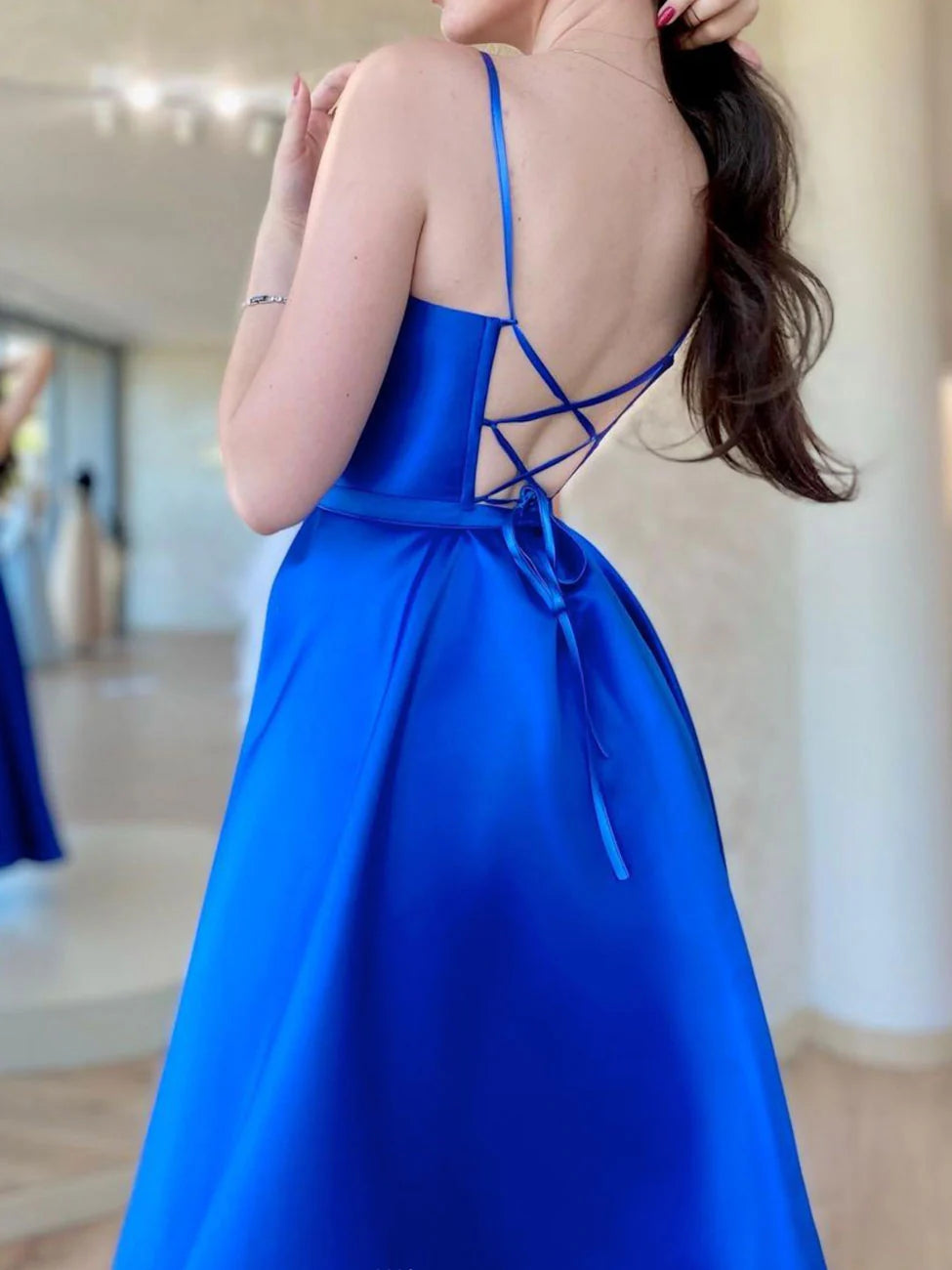 Simple Blue Satin Long Prom Dresses Blue Formal Evening Dress