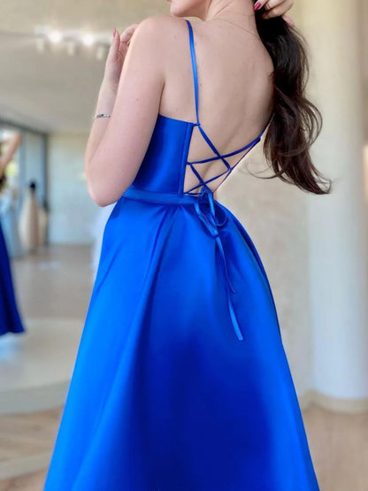 Simple Blue Satin Long Prom Dresses Blue Formal Evening Dress