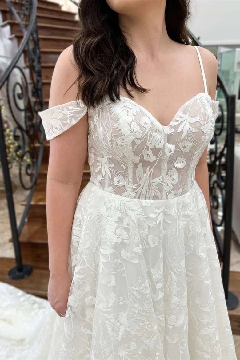 Floral Lace Cold-Shoulder A-Line Bridal Gown