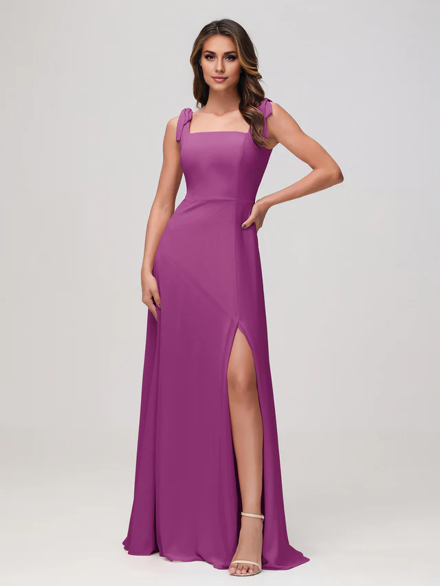 OKBBN square neckline sleeveless and floor chiffon bridesmaid dress