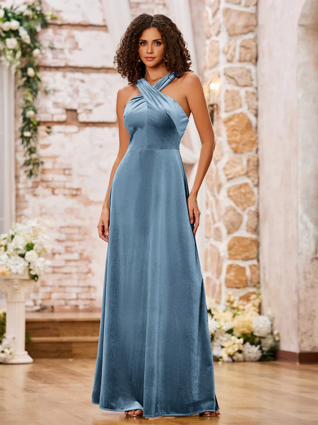 OKBBN Velvet Sleeveless Long Bridesmaid Dress