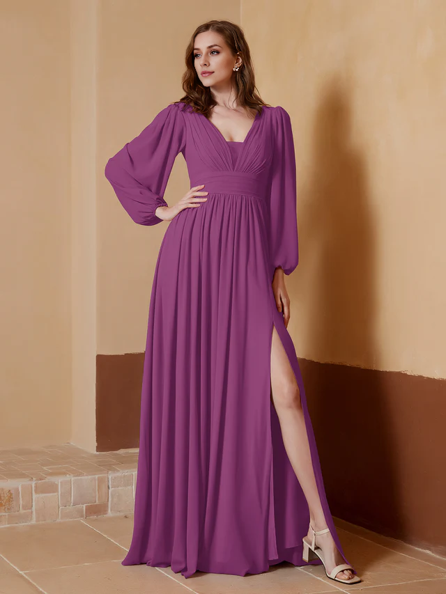 OKBBN deep V-neck and floor split bridesmaid dress