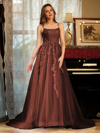 OKBBN A-line princess chiffon thin shoulder strap decal long evening gown