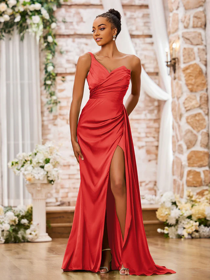 OKBBN one shoulder sweetheart high slit sexy bridesmaid dress