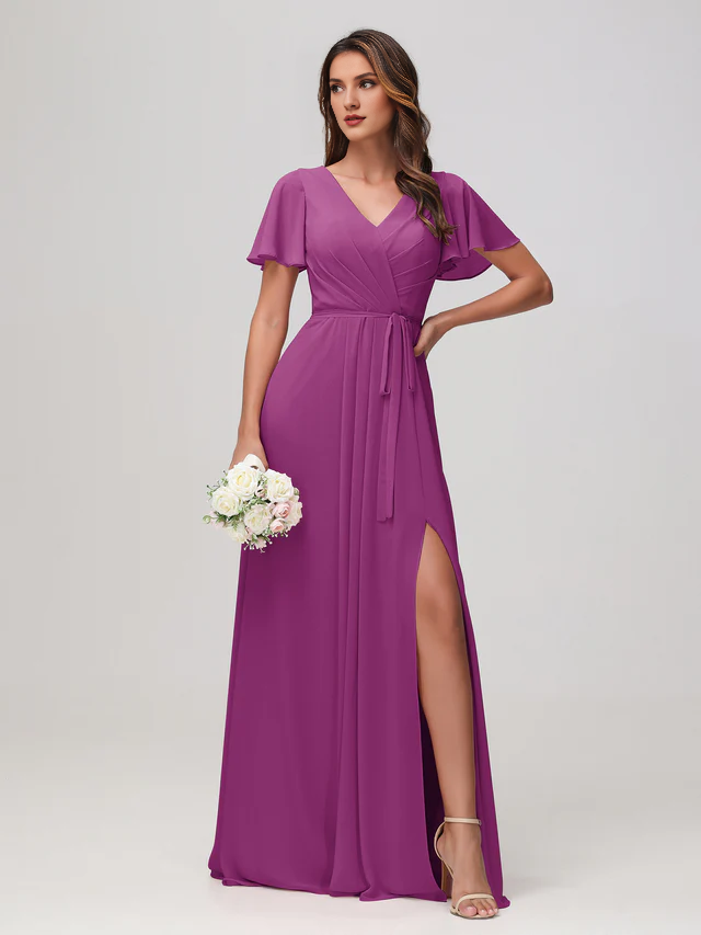 OKBBN pleated chiffon bridesmaid dress with flowing sleeves