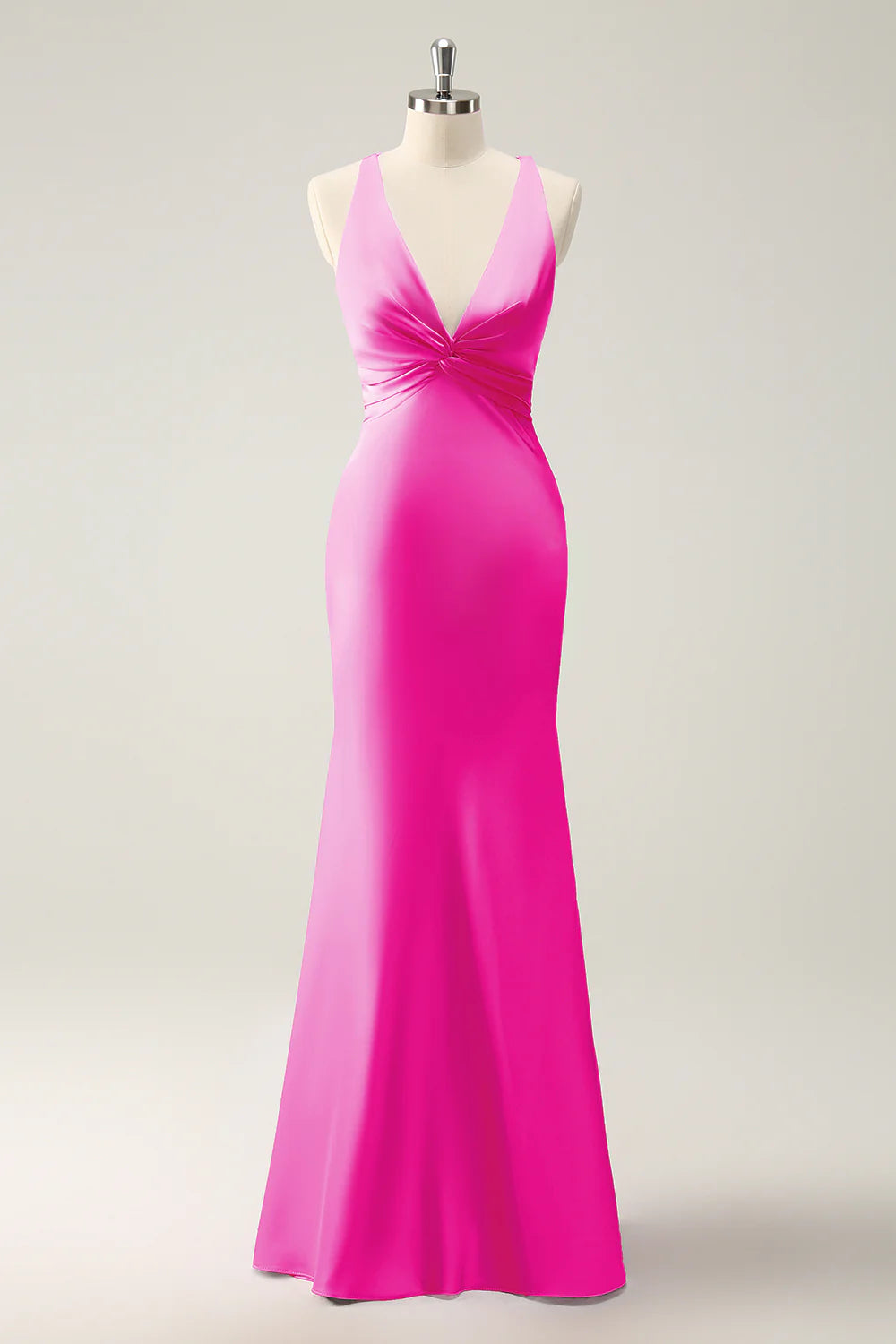 OKBBN Mermaid V-neck Satin Long Bridesmaid Dress