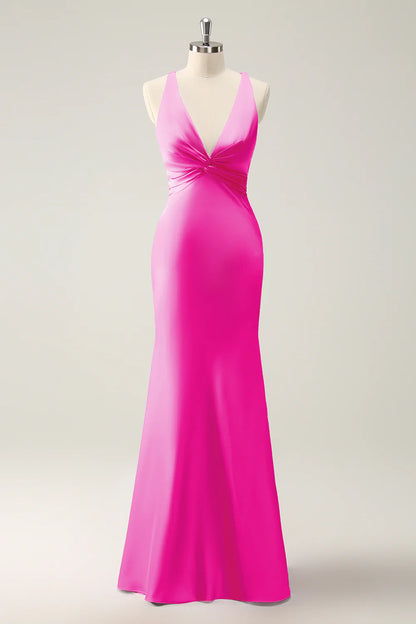 OKBBN Mermaid V-neck Satin Long Bridesmaid Dress