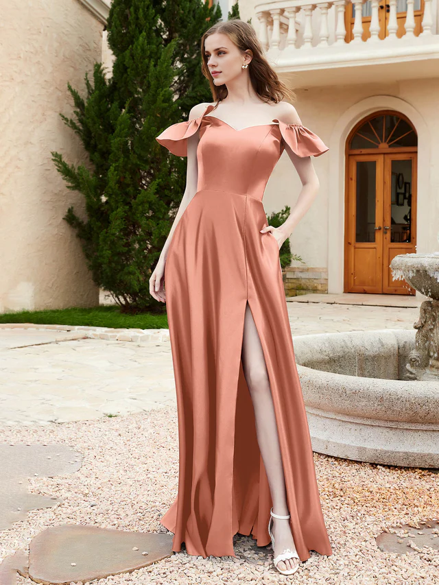 OKBBN Elegant Off Shoulder Satin Bridesmaid Dress