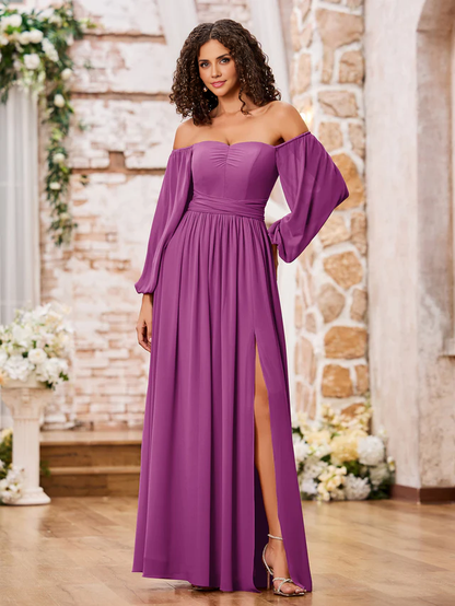 OKBBN off shoulder long sleeved chiffon split bridesmaid dress