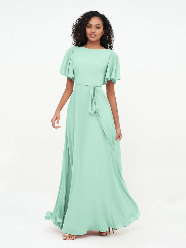 OKBBN elegant flowing sleeve chiffon bridesmaid dress