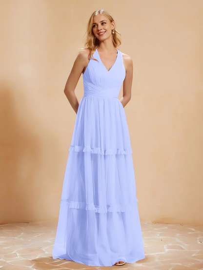 OKBBN V-neck pleated ruffle and ground chiffon bridesmaid dress