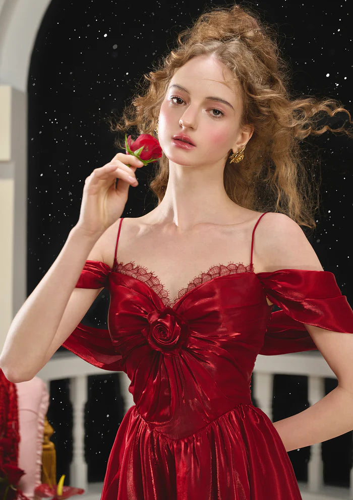 Red Satin High Low Dresses with Off Shoulder Lace Trim 3D Floral Accents Back Sash and Flared Skirt
