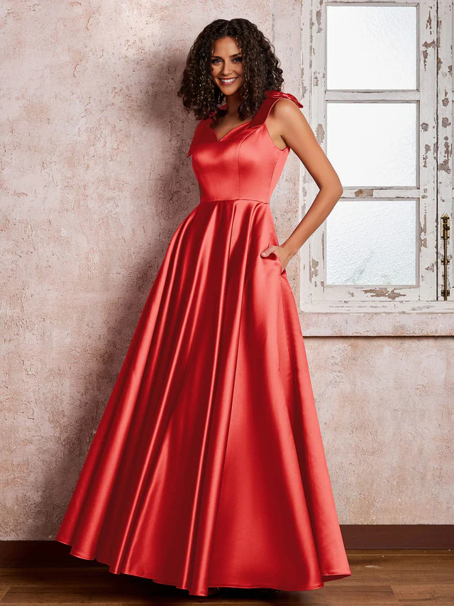 OKBBN V-neck and shoulder bow satin bridesmaid dress