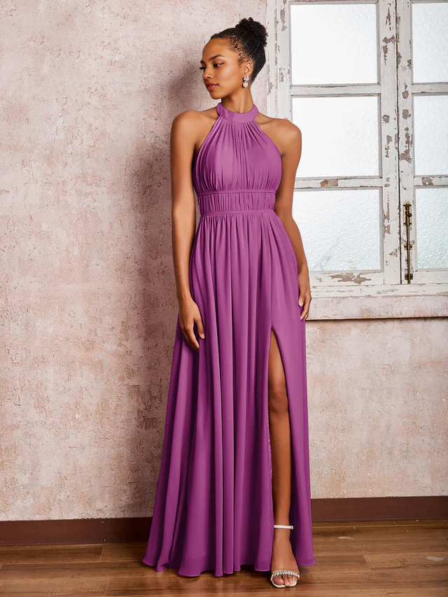 OKBBN pleated neck hanging chiffon split bridesmaid dress