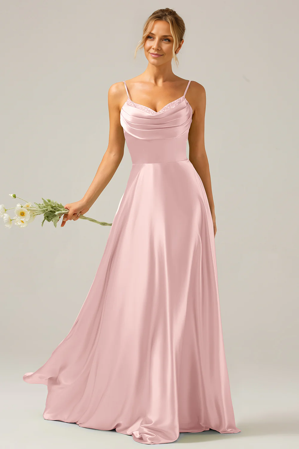 OKBBN A-line scarf collar satin long bridesmaid dress