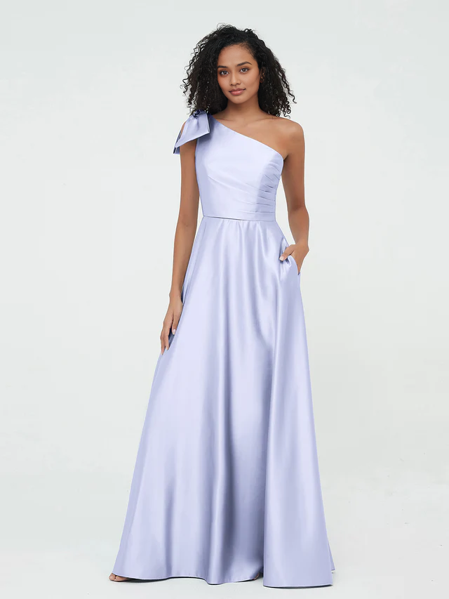 OKBBN One Shoulder Long Satin Sleeveless Bridesmaid Dress