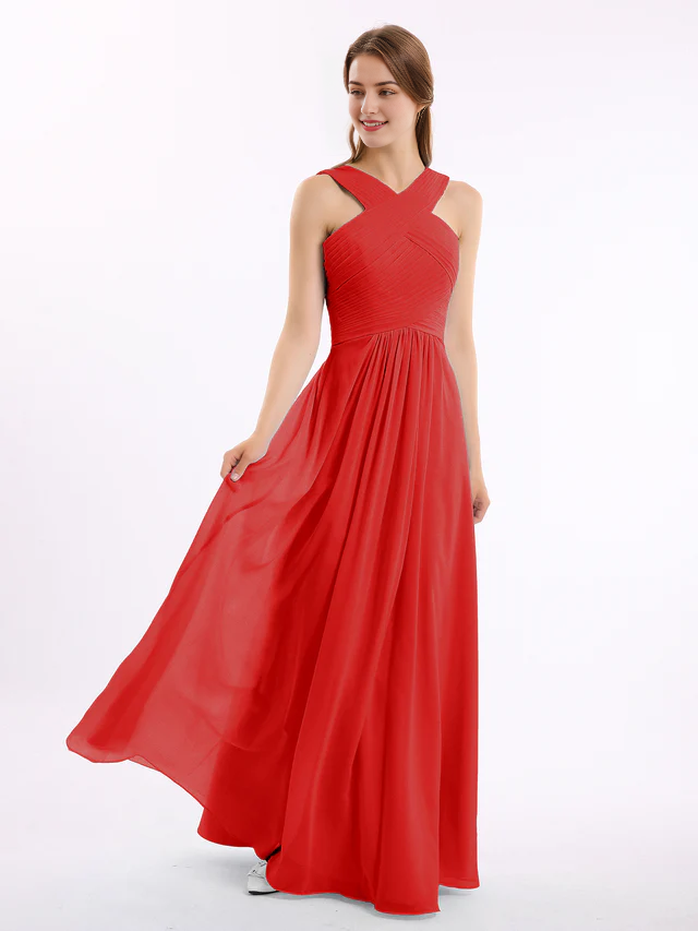 OKBBN Cross Shoulder Chiffon High Waist Bridesmaid Dress