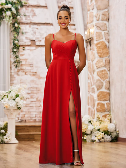 heart-shaped collar with thin shoulder straps chiffon bridesmaid dress
