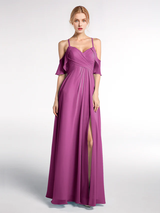 OKBBN slim shoulder strap high waisted ruffled hem slim fit bridesmaid dress