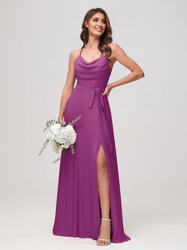 OKBBN sexy scarf collar pleated chiffon slit bridesmaid dress