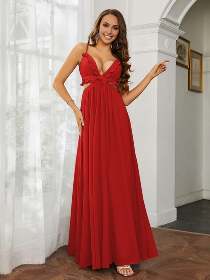 OKBBN thin shoulder strap ruffle edge chiffon hollow out ultra long sexy bridesmaid dress