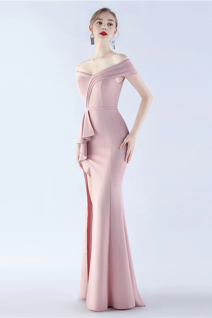 OKBBN off shoulder mermaid crepe slit evening gown