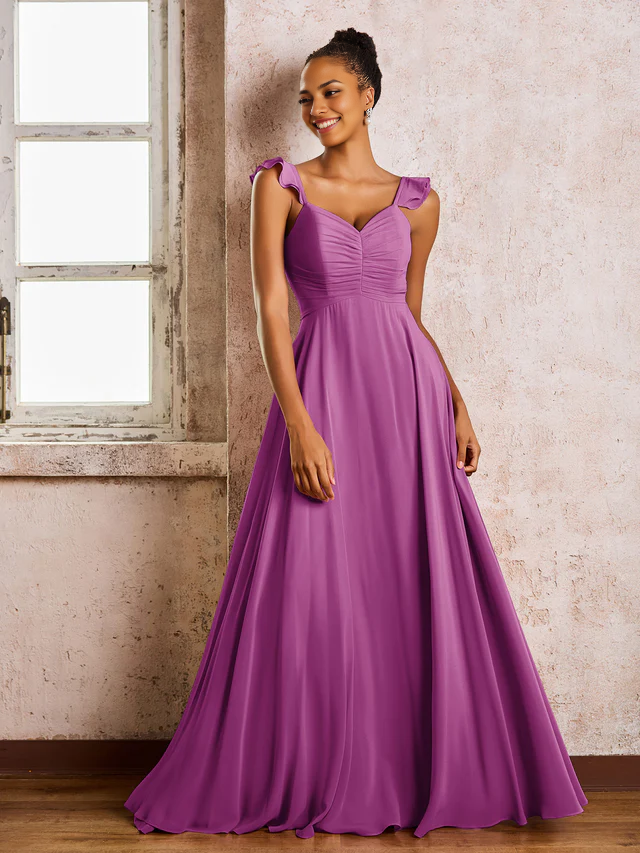 OKBBN pleated shoulder strap sleeveless A-line chiffon bridesmaid dress
