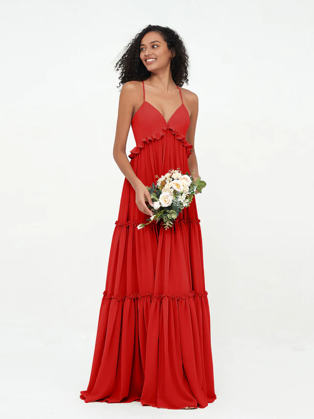OKBBN chiffon thin shoulder strap layered sleeveless bridesmaid dress