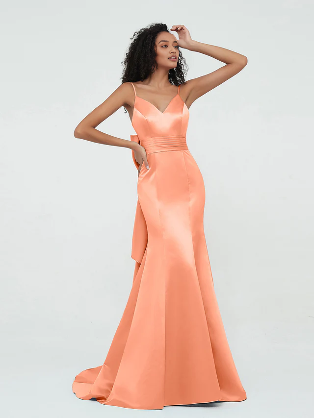 OKBBN thin shoulder strap satin mermaid bridesmaid dress