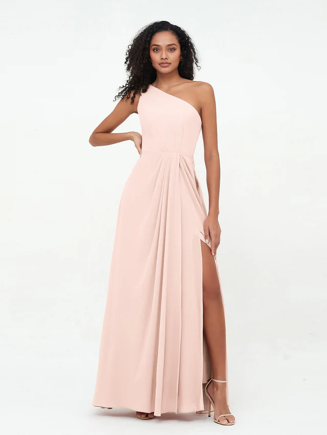 OKBBN shoulder slit chiffon bridesmaid dress