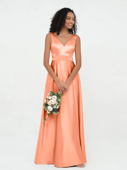 OKBBN Princess V-neck satin pocket bridesmaid dress