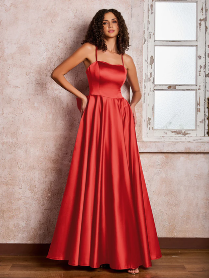 OKBBN Square Neck Thin Strap Satin Bridesmaid Dress