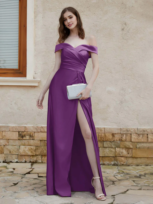 OKBBN Elegant Off Shoulder Satin Split Bridesmaid Dress