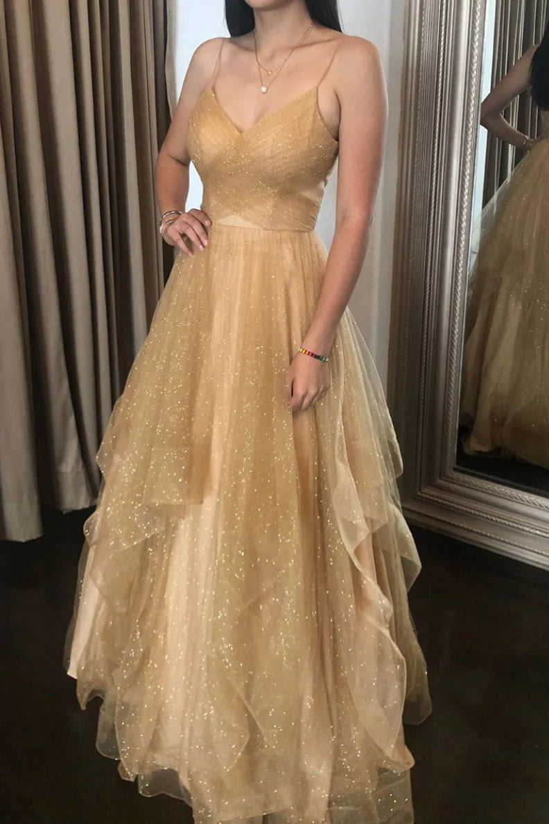 Champagne v neck tulle long prom dress tulle formal prom dress