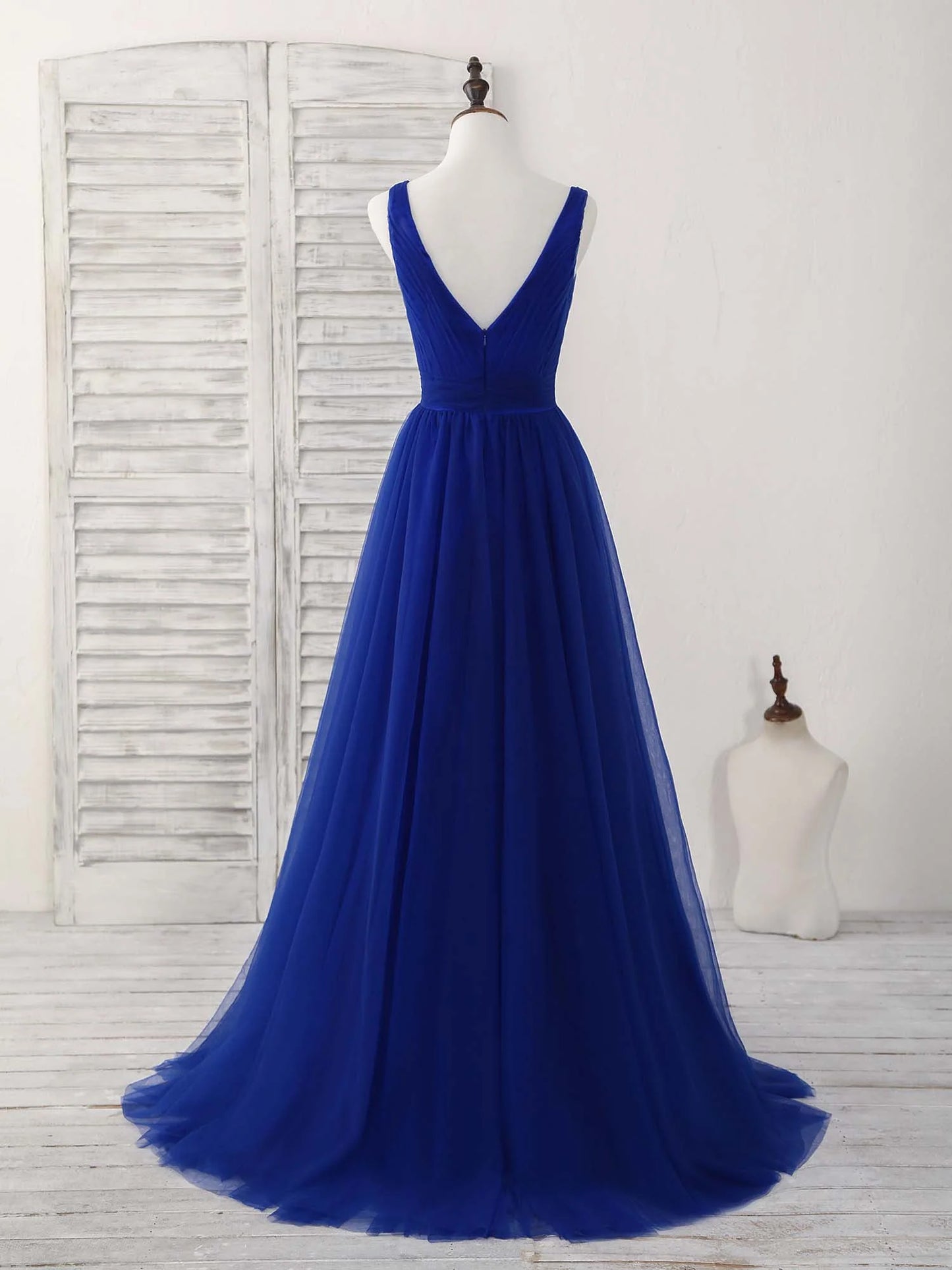 V Neck Royal Blue Tulle Long Prom Dress Blue Evening Dress