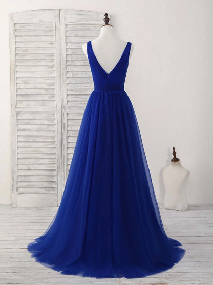 V Neck Royal Blue Tulle Long Prom Dress Blue Evening Dress