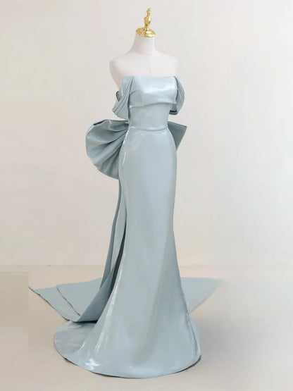 Simple Off Shoulder Satin Blue Long Evening Dress Blue Long Formal Dress