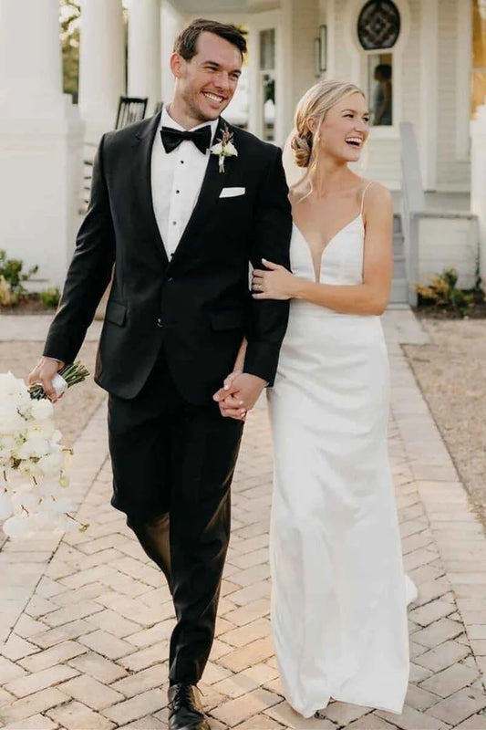 White Satin Plunge Neck Backless Sheath Wedding Dress
