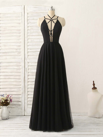 Tulle Backless Long Prom Dress Black Evening Dress