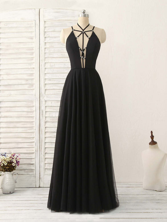 Tulle Backless Long Prom Dress Black Evening Dress