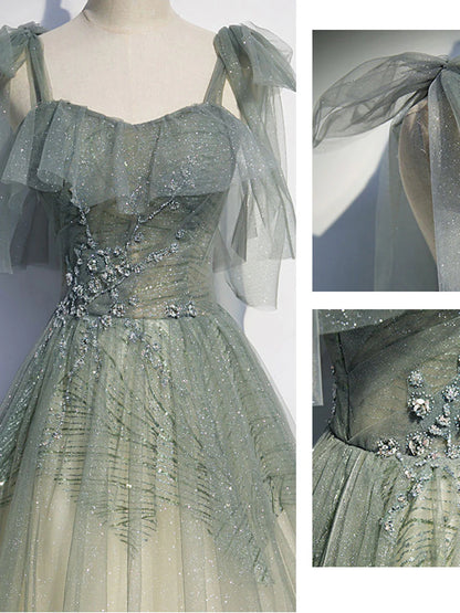 Green tulle sequin beads long prom dress green tulle prom dress