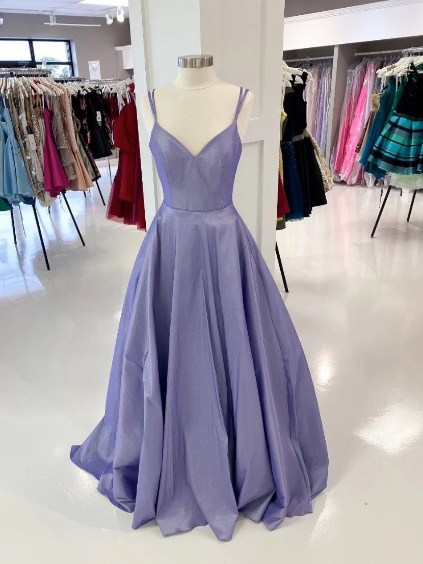 Purple v neck satin long prom dress purple prom dress