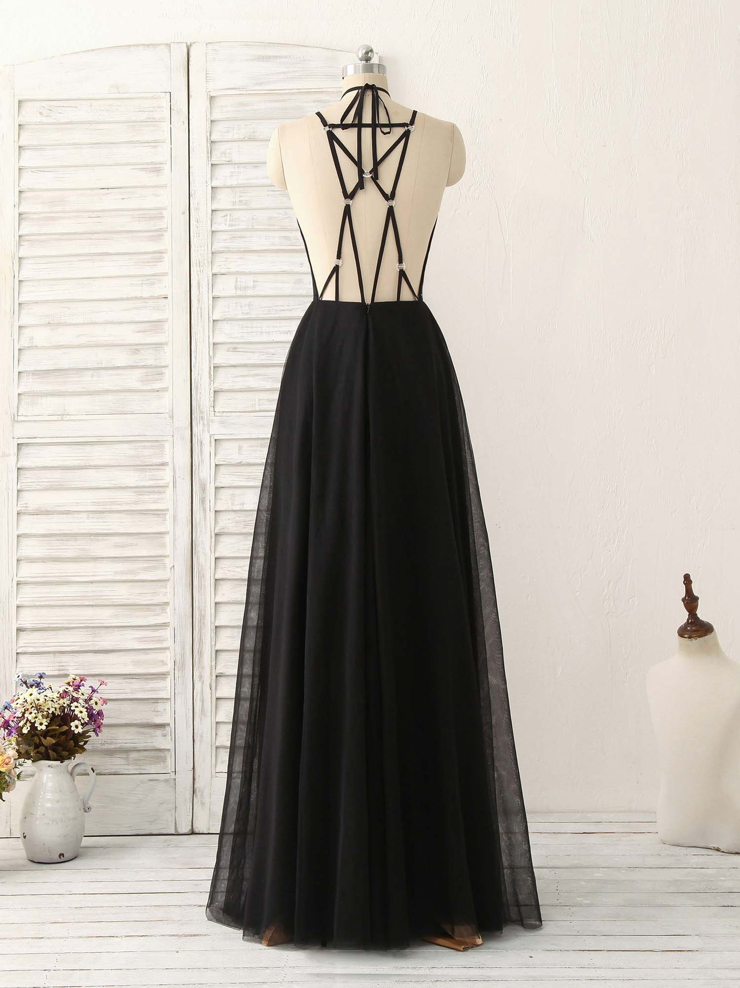 Tulle Backless Long Prom Dress Black Evening Dress