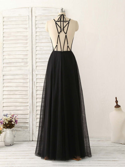 Tulle Backless Long Prom Dress Black Evening Dress